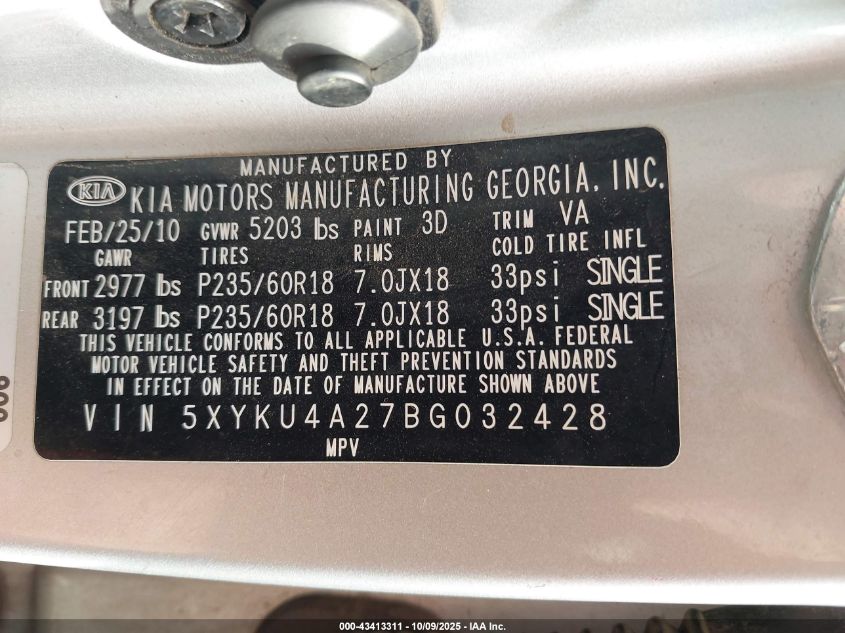 2011 Kia Sorento Ex V6 VIN: 5XYKU4A27BG032428 Lot: 43413311