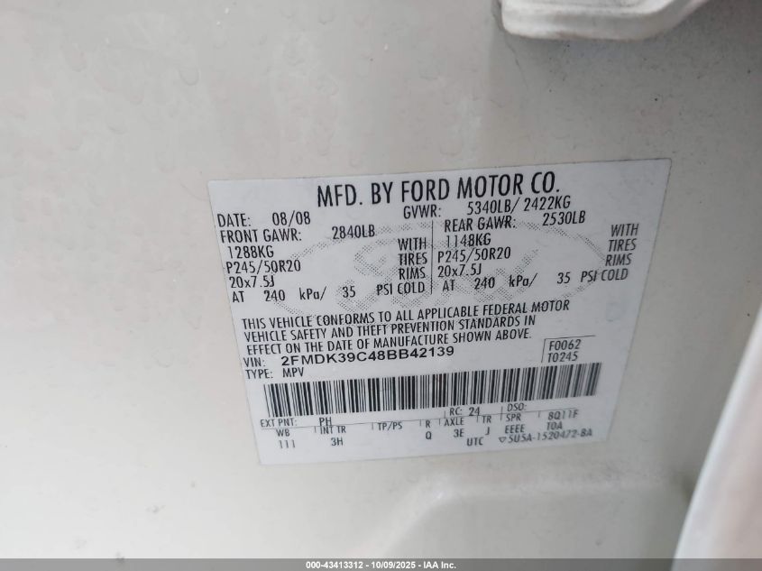 2008 Ford Edge Limited VIN: 2FMDK39C48BB42139 Lot: 43413312