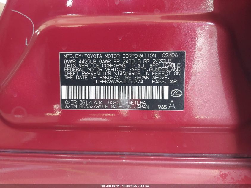 2006 Lexus Is 250 VIN: JTHBK262862010374 Lot: 43413319