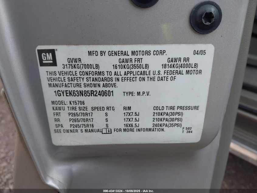 2005 Cadillac Escalade Standard VIN: 1GYEK63N85R240601 Lot: 43413324