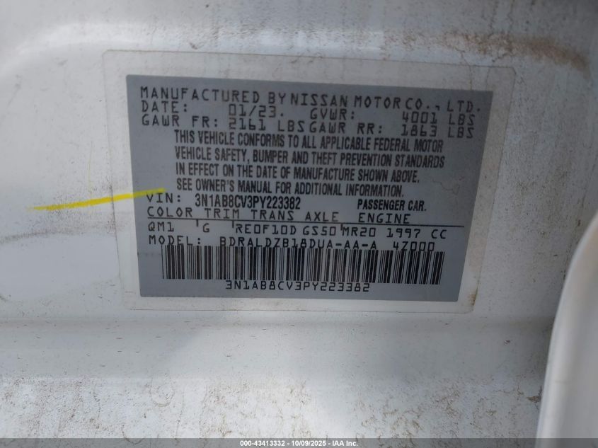 2023 Nissan Sentra Sv Xtronic Cvt VIN: 3N1AB8CV3PY223382 Lot: 43413332