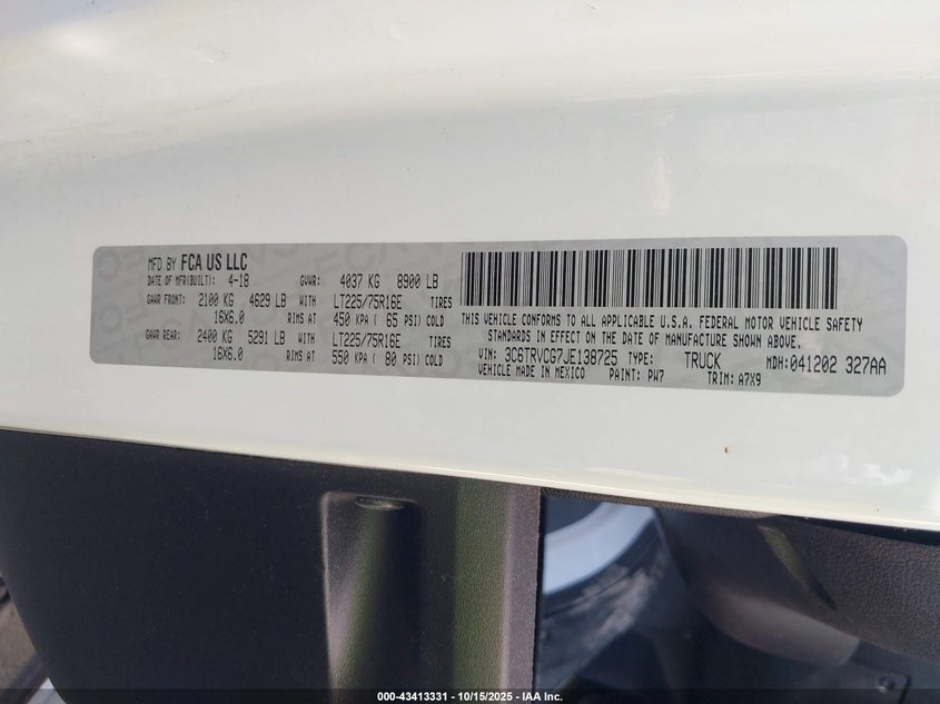 2018 Ram Promaster 2500 High Roof 136 Wb VIN: 3C6TRVCG7JE138725 Lot: 43413331