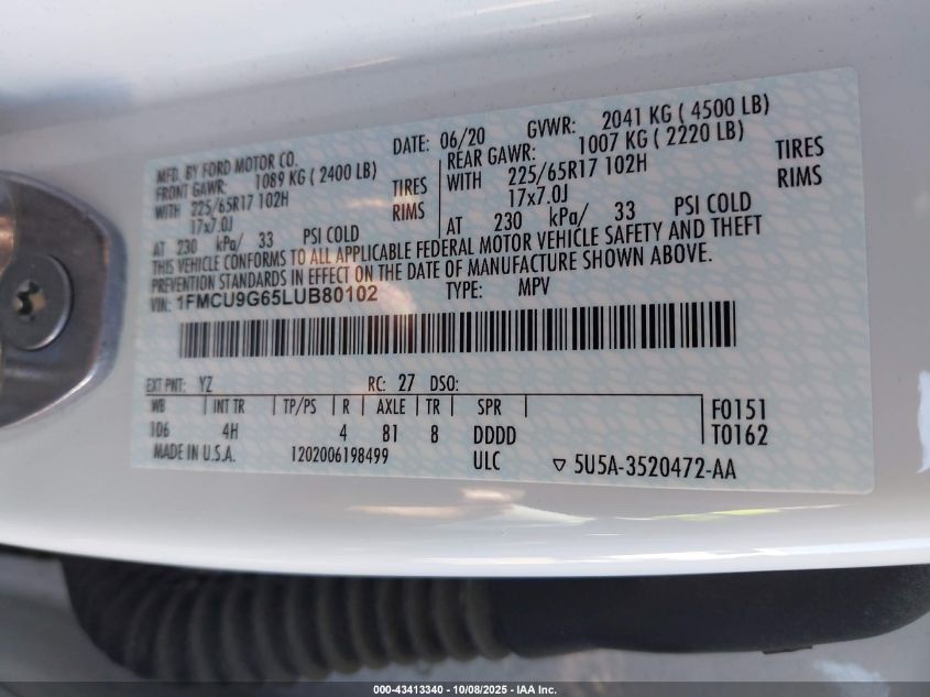 2020 Ford Escape Se VIN: 1FMCU9G65LUB80102 Lot: 43413340