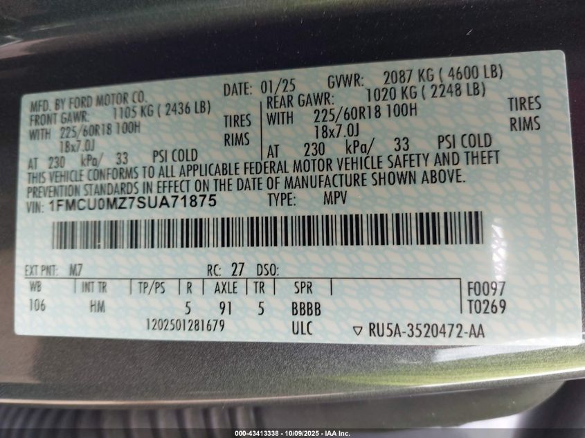 2025 Ford Escape St-Line VIN: 1FMCU0MZ7SUA71875 Lot: 43413338