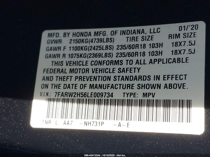 2020 Honda Cr-V Awd Ex VIN: 7FARW2H56LE009734 Lot: 43413344