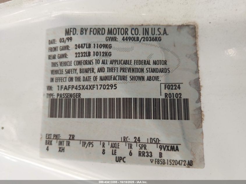 1999 Ford Mustang Gt VIN: 1FAFP45X4XF170295 Lot: 43413355