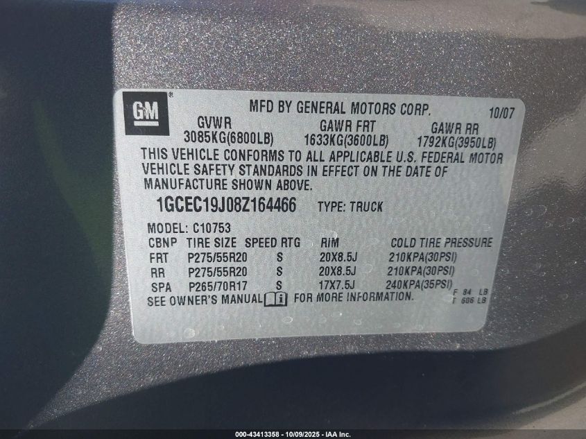 2008 Chevrolet Silverado 1500 Lt1 VIN: 1GCEC19J08Z164466 Lot: 43413358