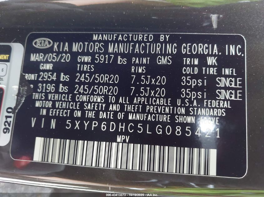 2020 Kia Telluride S VIN: 5XYP6DHC5LG085421 Lot: 43413373