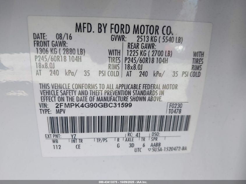 2016 Ford Edge Se VIN: 2FMPK4G90GBC31599 Lot: 43413375