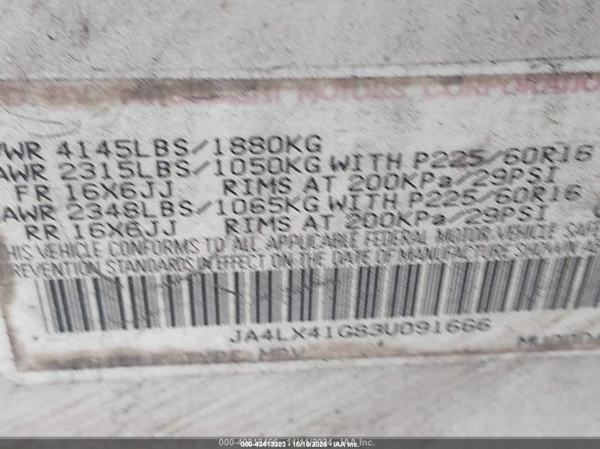 2003 Mitsubishi Outlander Xls VIN: JA4LX41G83U091666 Lot: 43413383