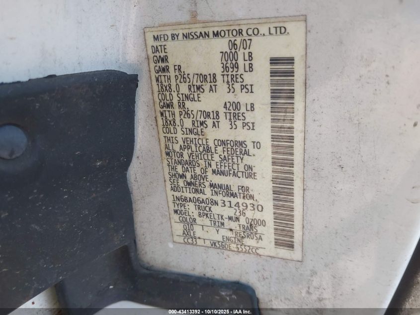 2008 Nissan Titan Se VIN: 1N6BA06A08N314930 Lot: 43413392