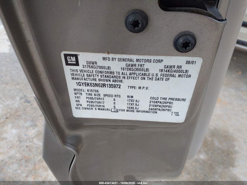 2002 Cadillac Escalade Standard VIN: 1GYEK63N62R135972 Lot: 43413421