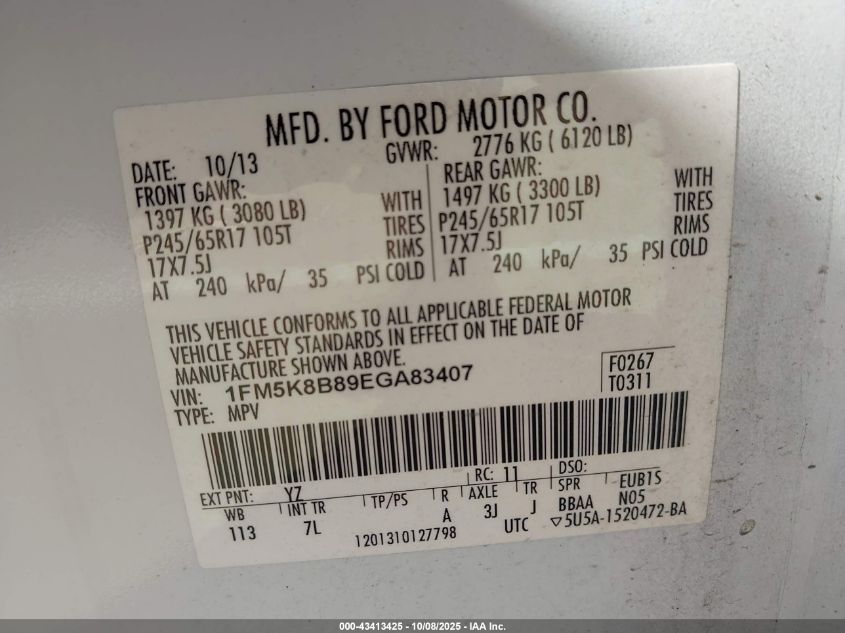 2014 Ford Explorer VIN: 1FM5K8B89EGA83407 Lot: 43413425