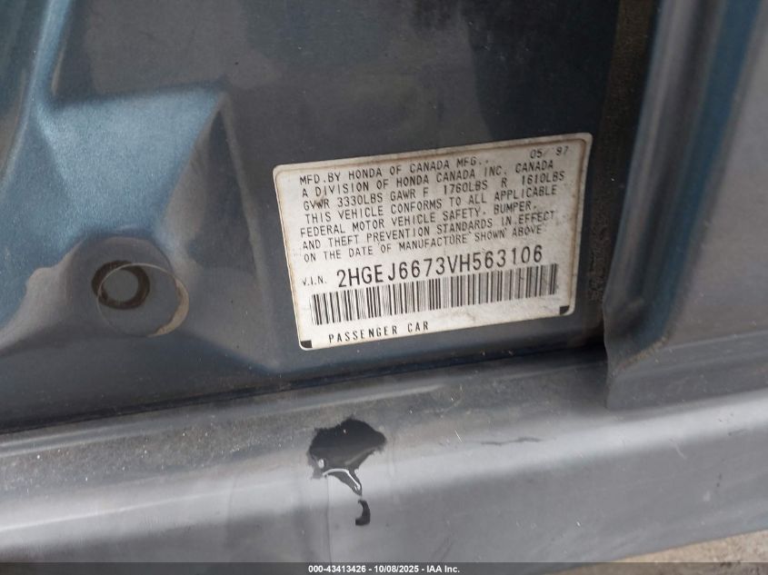 1997 Honda Civic Lx VIN: 2HGEJ6673VH563106 Lot: 43413426