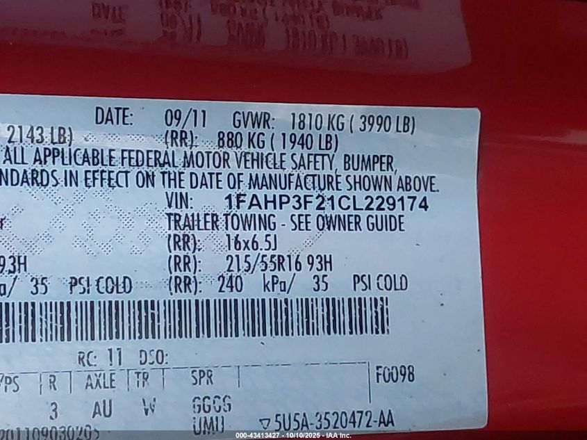 2012 Ford Focus Se VIN: 1FAHP3F21CL229174 Lot: 43413427