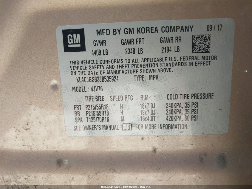 2018 Buick Encore Essence VIN: KL4CJGSB3JB535924 Lot: 43413428