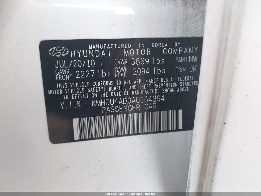 2010 Hyundai Elantra Gls VIN: KMHDU4AD3AU164394 Lot: 43413431