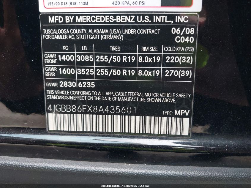 2008 Mercedes-Benz Ml 350 4Matic VIN: 4JGBB86EX8A435601 Lot: 43413436