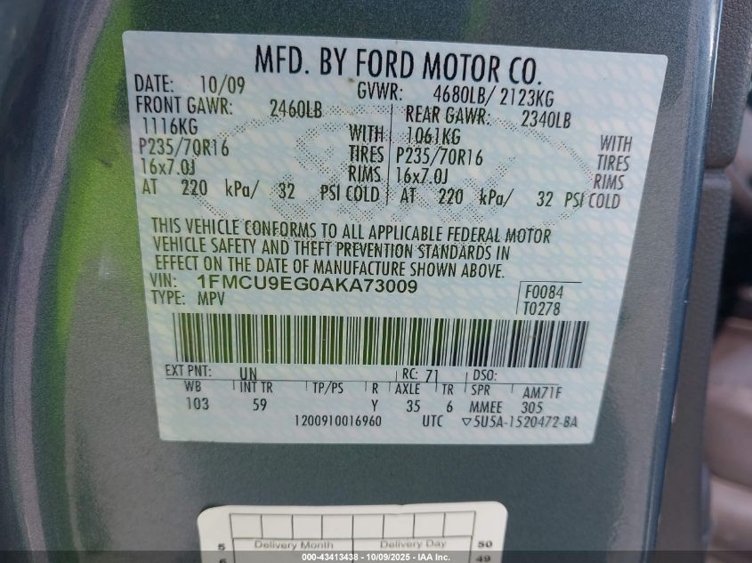 2010 Ford Escape Limited VIN: 1FMCU9EG0AKA73009 Lot: 43413438