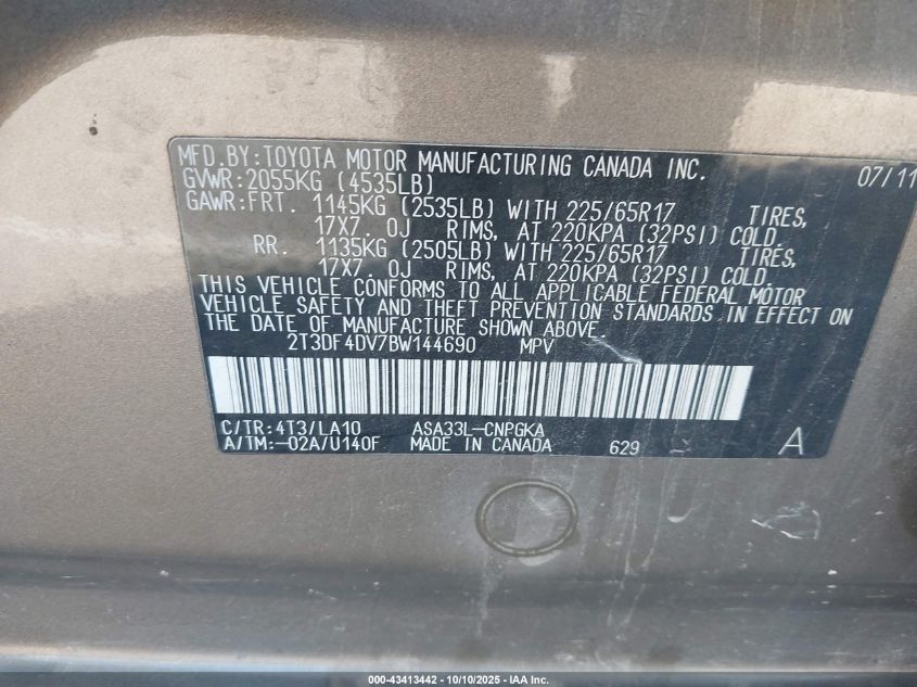 2011 Toyota Rav4 Limited VIN: 2T3DF4DV7BW144690 Lot: 43413442