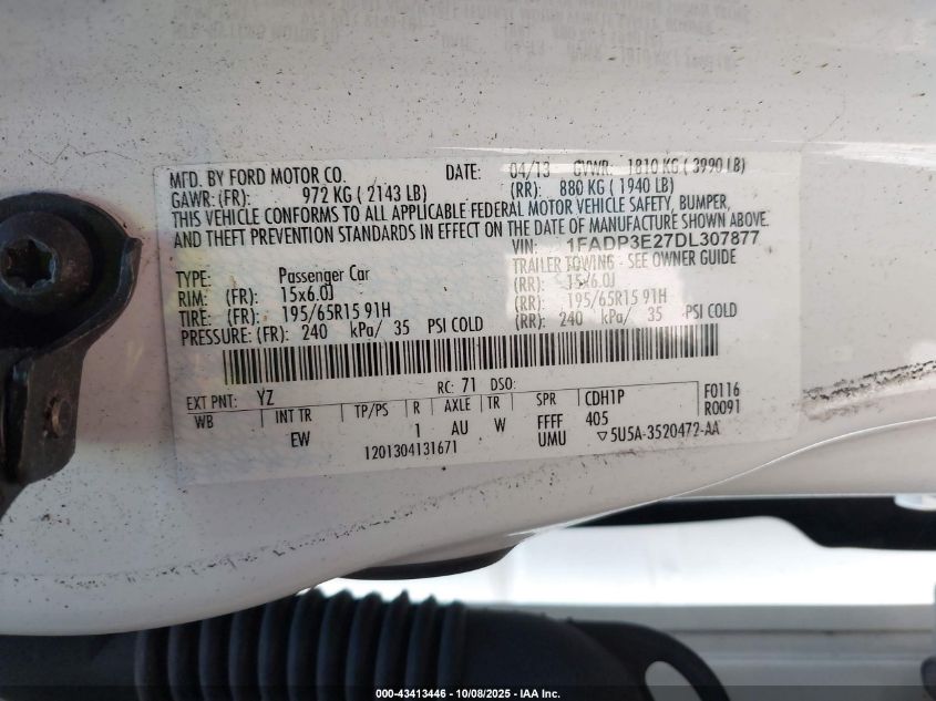 2013 Ford Focus S VIN: 1FADP3E27DL307877 Lot: 43413446