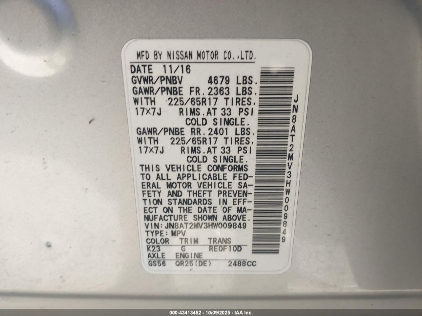 2017 Nissan Rogue S VIN: JN8AT2MV3HW009849 Lot: 43413452