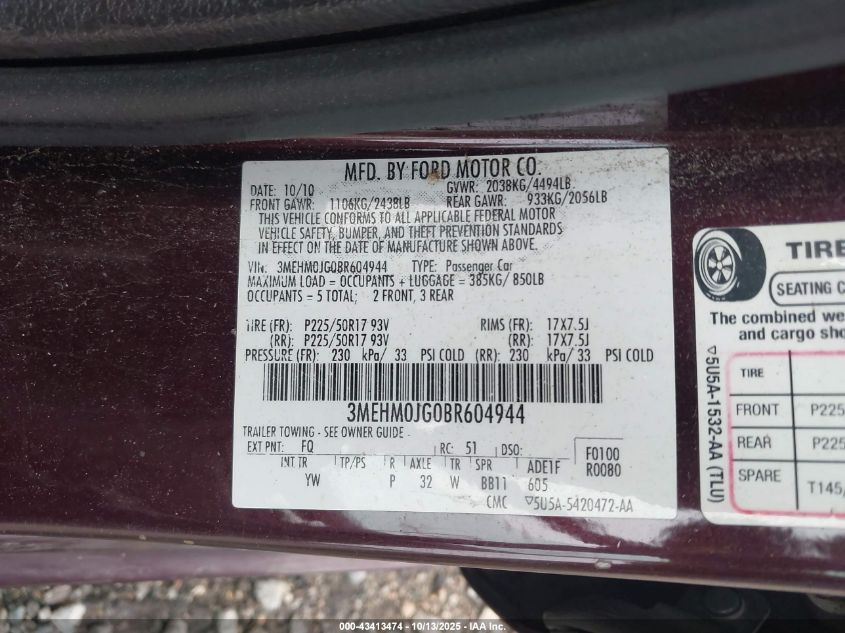 2011 Mercury Milan Premier VIN: 3MEHM0JG0BR604944 Lot: 43413474