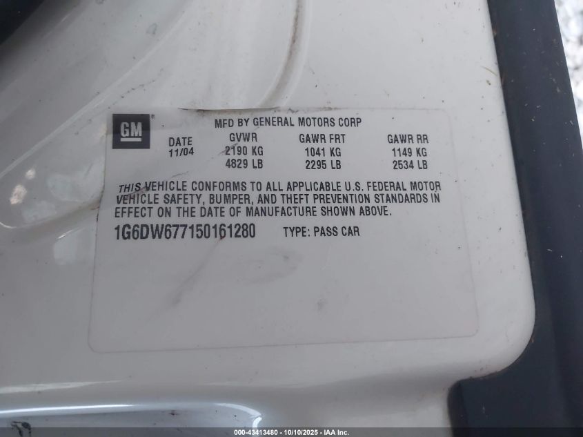 2005 Cadillac Sts V6 VIN: 1G6DW677150161280 Lot: 43413480