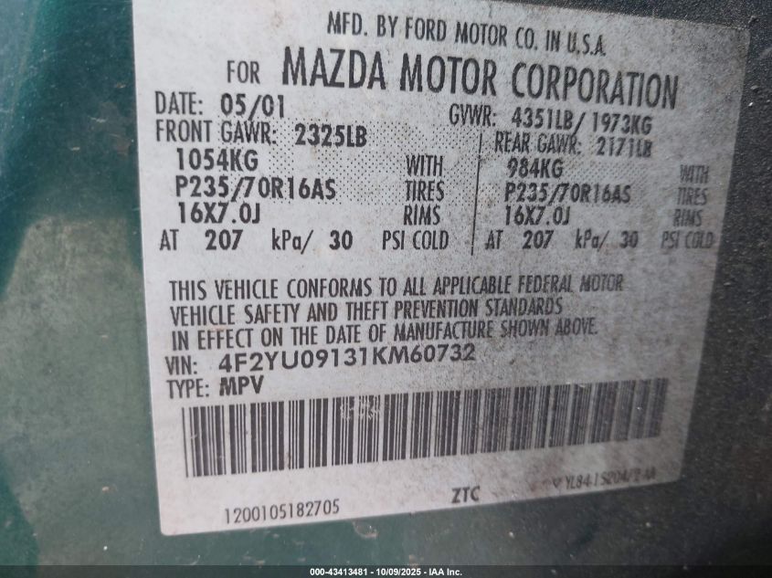 2001 Mazda Tribute Es V6/Lx V6 VIN: 4F2YU09131KM60732 Lot: 43413481