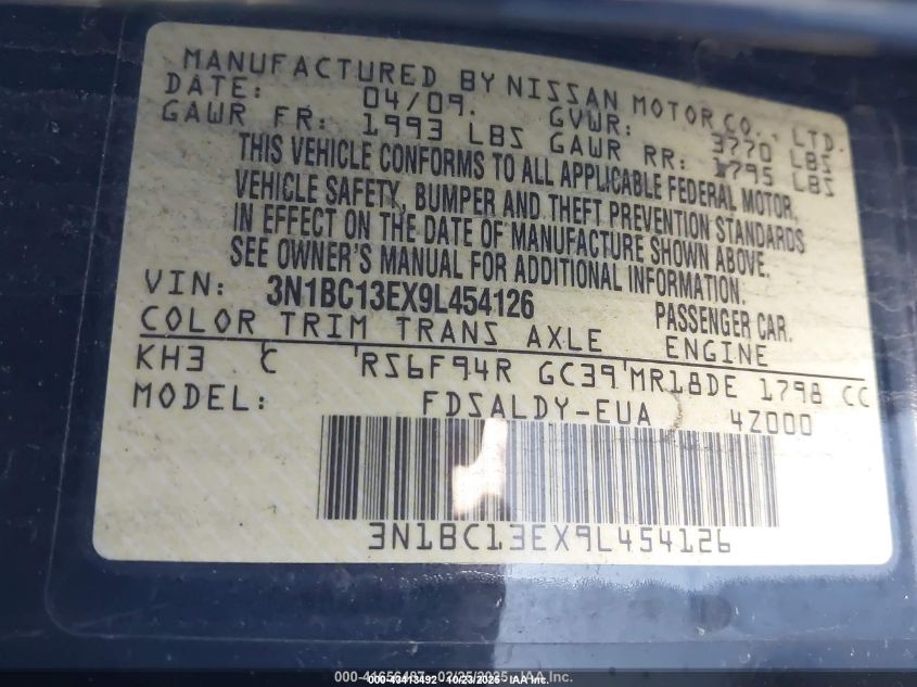 2009 Nissan Versa 1.8S VIN: 3N1BC13EX9L454126 Lot: 43413492