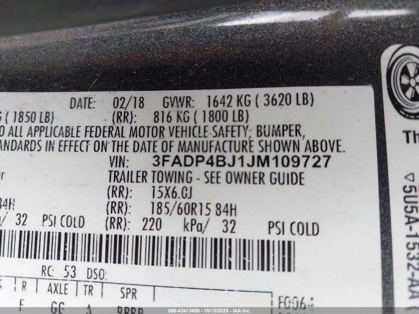 2018 Ford Fiesta Se VIN: 3FADP4BJ1JM109727 Lot: 43413496