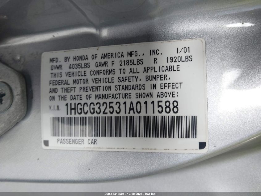 2001 Honda Accord 2.3 Ex VIN: 1HGCG32531A011588 Lot: 43413501