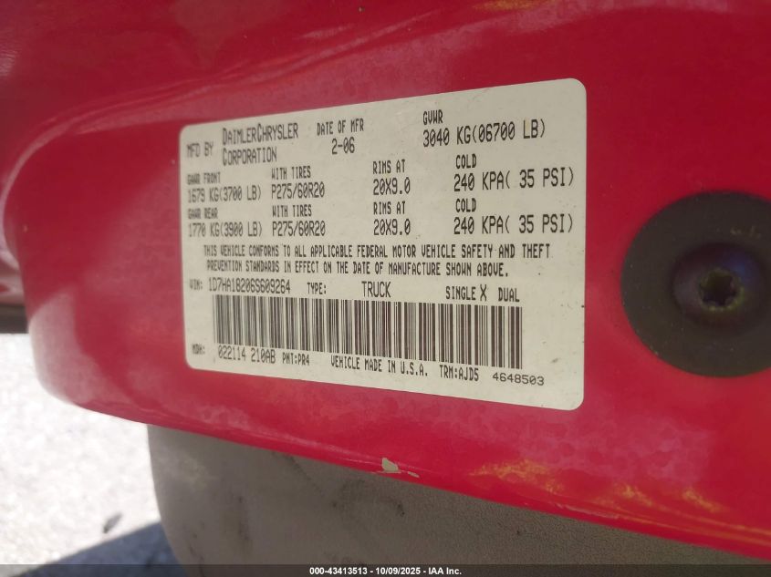 2006 Dodge Ram 1500 Slt VIN: 1D7HA18206S609264 Lot: 43413513