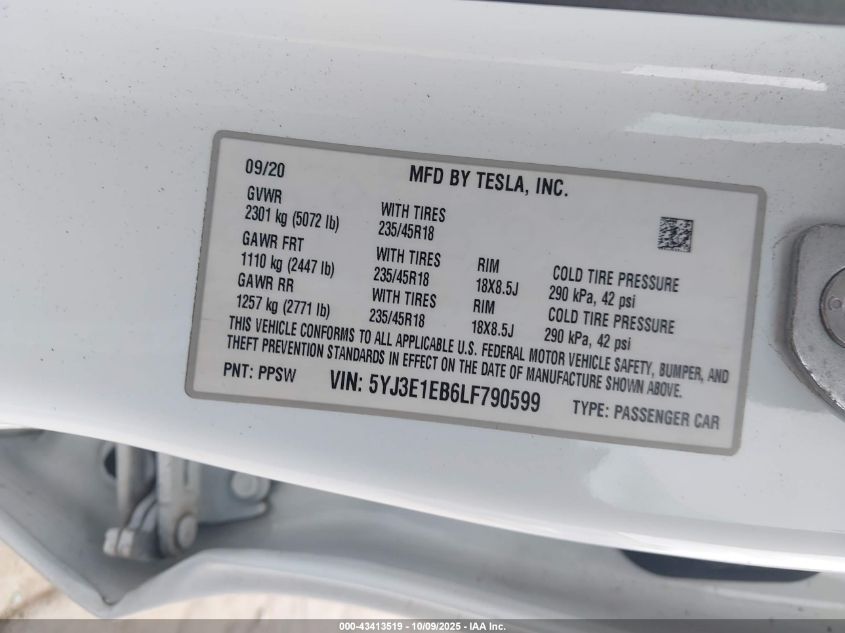 2020 Tesla Model 3 Long Range Dual Motor All-Wheel Drive VIN: 5YJ3E1EB6LF790599 Lot: 43413519