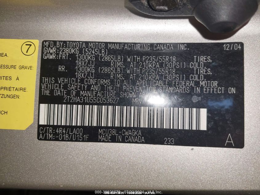 2005 Lexus Rx 330 VIN: 2T2HA31U55C053627 Lot: 43413535