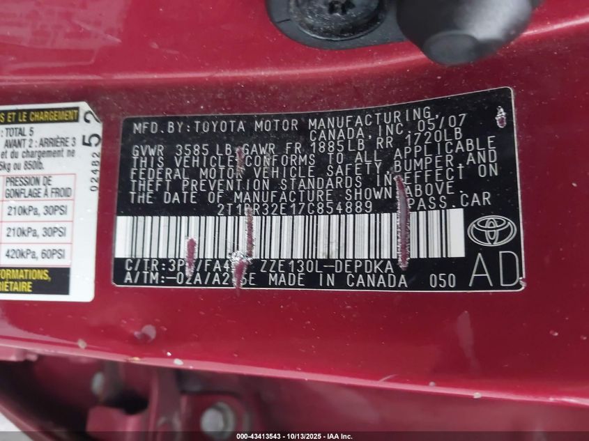 2007 Toyota Corolla Ce VIN: 2T1BR32E17C854889 Lot: 43413543