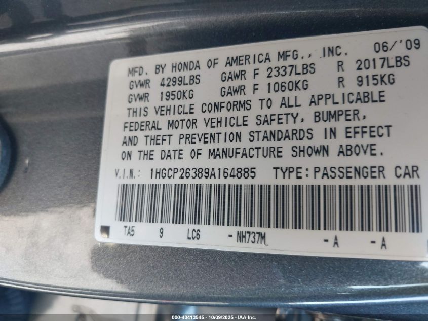 2009 Honda Accord 2.4 Lx VIN: 1HGCP26389A164885 Lot: 43413545