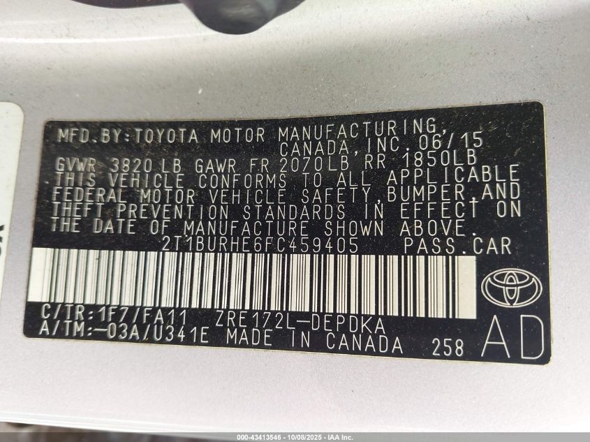 2015 Toyota Corolla L VIN: 2T1BURHE6FC459405 Lot: 43413546