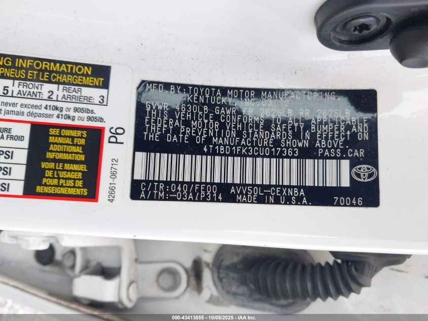 2012 Toyota Camry Hybrid Le VIN: 4T1BD1FK3CU017363 Lot: 43413555