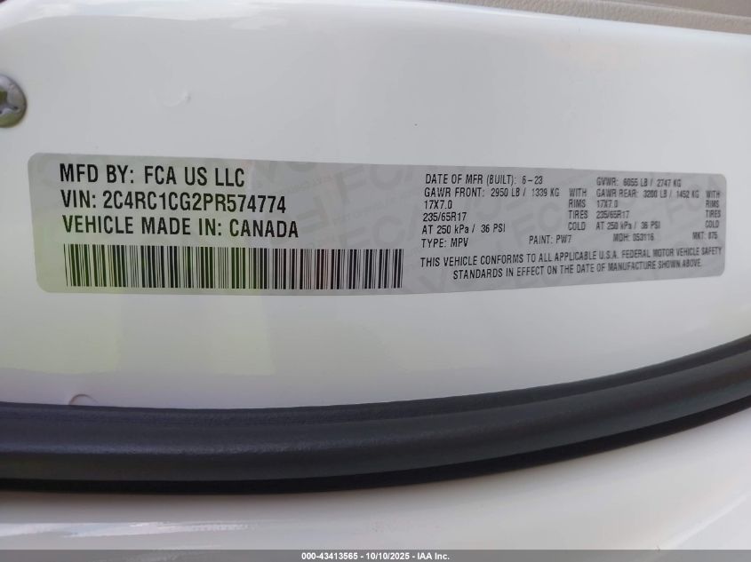 2023 Chrysler Voyager Lx VIN: 2C4RC1CG2PR574774 Lot: 43413565