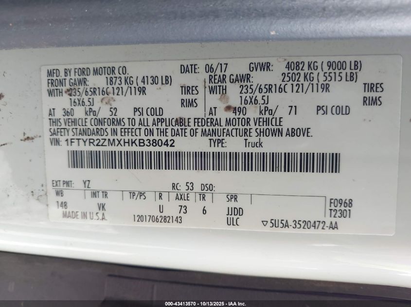 2017 Ford Transit-250 VIN: 1FTYR2ZMXHKB38042 Lot: 43413570