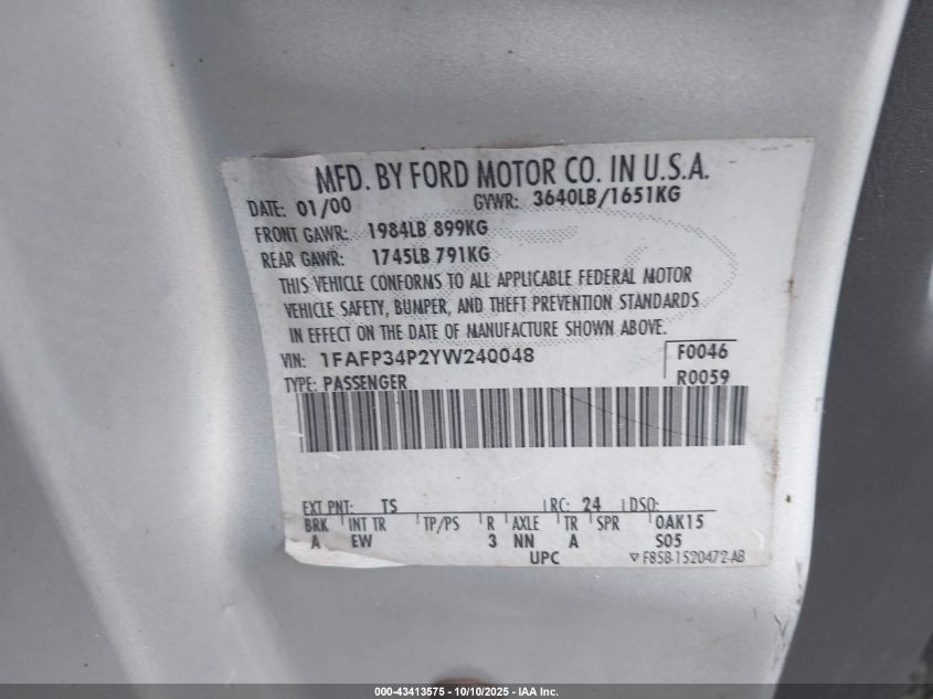 2000 Ford Focus Se VIN: 1FAFP34P2YW240048 Lot: 43413575