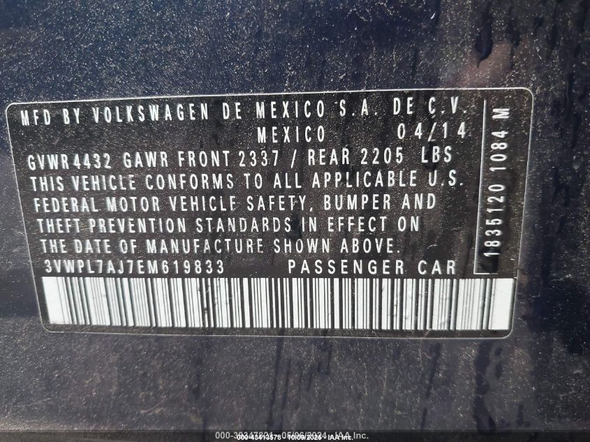 2014 Volkswagen Jetta Sportwagen 2.0L Tdi VIN: 3VWPL7AJ7EM619833 Lot: 43413578