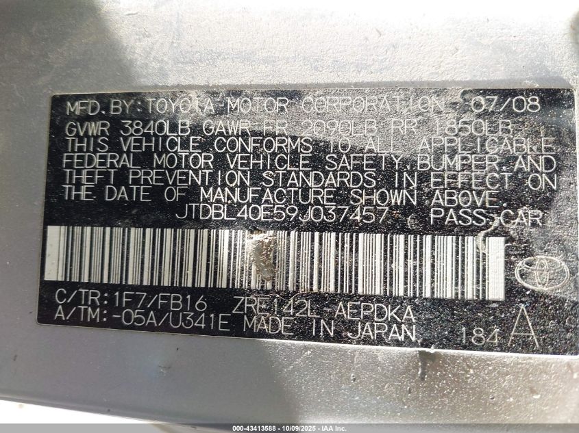 2009 Toyota Corolla Le VIN: JTDBL40E59J037457 Lot: 43413588