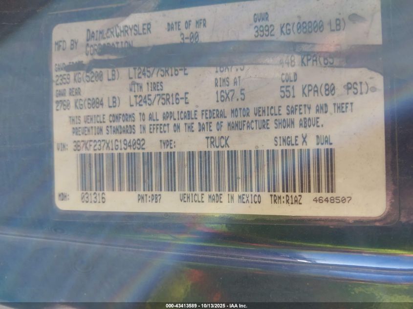 2001 Dodge Ram 2500 St VIN: 3B7KF237X1G194092 Lot: 43413589