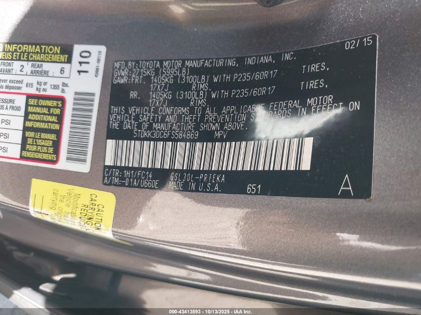 2015 Toyota Sienna Le 8 Passenger VIN: 5TDKK3DC6FS584869 Lot: 43413593