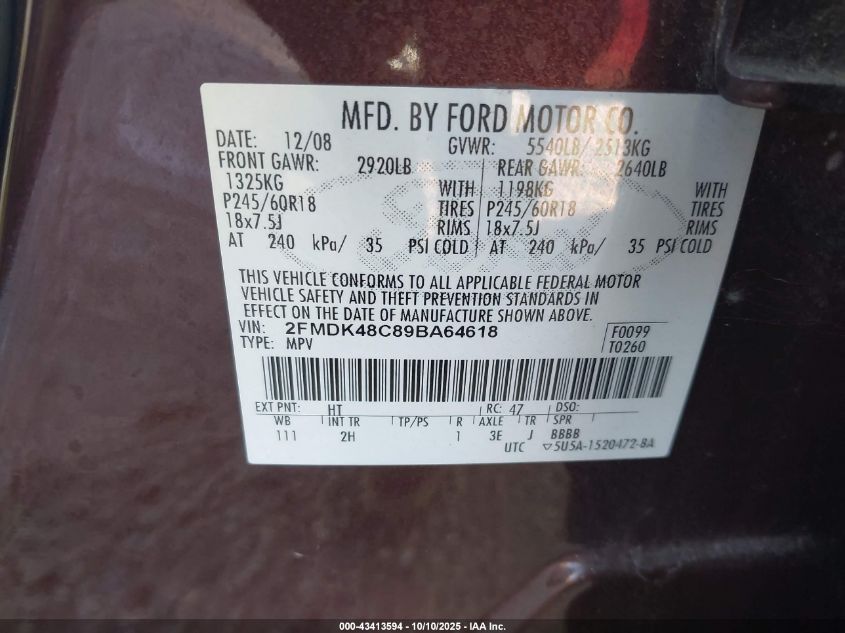 2009 Ford Edge Sel VIN: 2FMDK48C89BA64618 Lot: 43413594