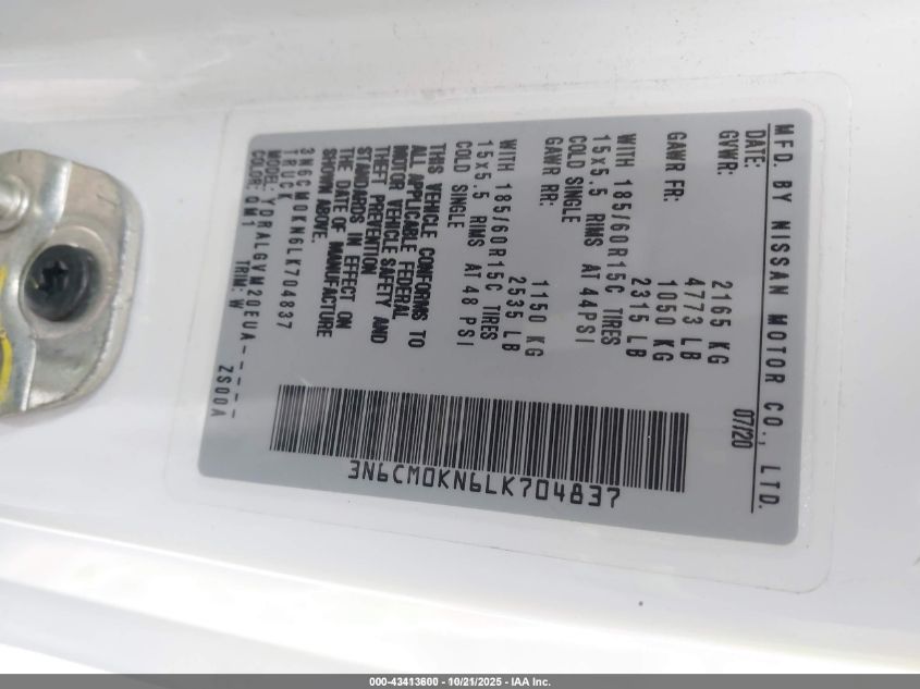 2020 Nissan Nv200 Cargo Sv Xtronic Cvt VIN: 3N6CM0KN6LK704837 Lot: 43413600