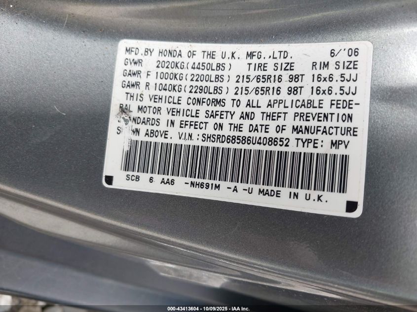 2006 Honda Cr-V Lx VIN: SHSRD68586U408652 Lot: 43413604