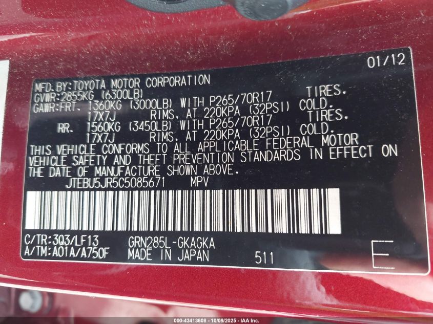 2012 Toyota 4Runner Limited/Sr5/Trail VIN: JTEBU5JR5C5085671 Lot: 43413608